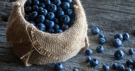 Close up of fresh blueberries in a burlap sack with some spilled out.