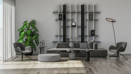 Illustration 3D rendering large luxury modern bright interiors Living room mockup computer digitally generated image