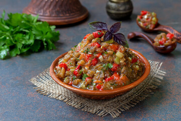 Vegetable Stew Ajapsandali. Traditional Georgian and Armenian dish made with eggplant, tomato,...