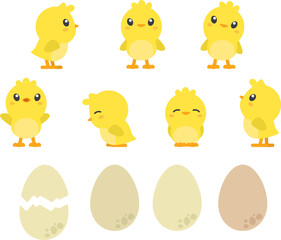 A set of cute kawaii-style baby chickens in different poses with egg illustrations