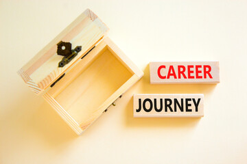 Career journey symbol. Concept words Career journey on wooden blocks on a beautiful white table white background. Empty wooden chest. Business Career journey concept. Copy space.