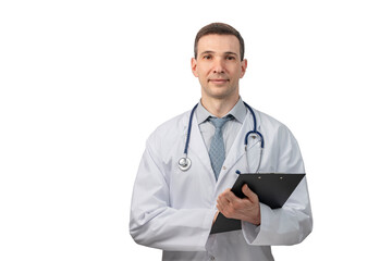 Fototapeta premium Medical Services. Young doctor with stethoscope and clipboard isolated on white background. Copy space.