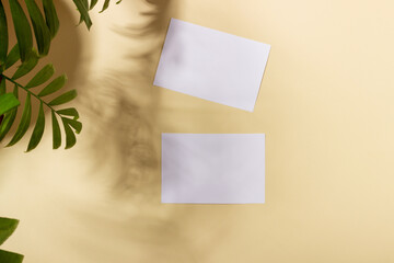 Mockup with blank horizontal sheets of paper with copy space. Hard sunlight and shadows on a white background with palm leaves. Template for business layout. Top view, flat lay