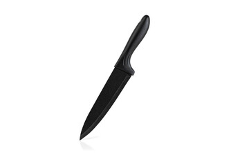 Black coated stainless steel kitchen knife isolated on white background. Sharp professional slicing knife made of high quality stainless steel with a black non-stick antibacterial coating.