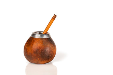 Calabash mate gourd with bombilla isolated on white background.