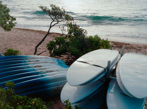 Rental surfboards on a beach in Maui, Hawaii