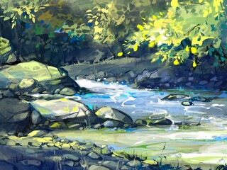 Landscape with river, trees and stones, digital painting