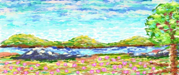 Cool and calm textured backgrounds of vibrant colors representing a colorful pointillism landscape of mountains with a river, flowers and rocks