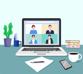 people connecting together, learning and meeting online via teleconference or video conference remote working on laptop computer, work from home and anywhere, flat vector illustration