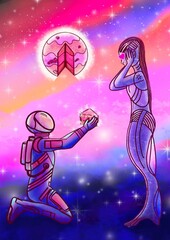 Astronaut in love visits her alien girlfriend in space and brings her a piece of her favorite cake from a distant planet, surreal style, pink, purple.