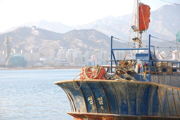 Korean fishing boat anchored in harbor, South Korea