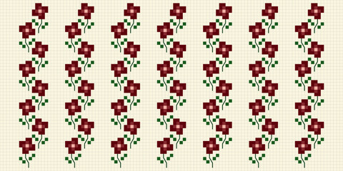 flower pixel art. antique style pattern for fabric, ceramic, cover, wallpaper. Cross stitch pattern. Grid Vector illustration. - obrazy, fototapety, plakaty
