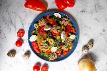 nicoise salad with tuna on the table with vegetables top view