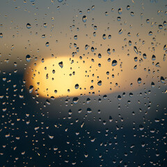 Raindrops on a window pane after a rain at sunset 