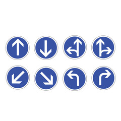 vector image set of road symbols and boards - arrows on blue circle.