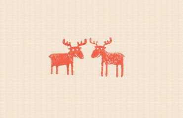 Red deer silhouettes with empty space for text or invitation. Imitation of silk-screen printing or stamp printing on cotton.