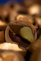 macadamia nut shell close-up, cracked macadamia nut macro photo