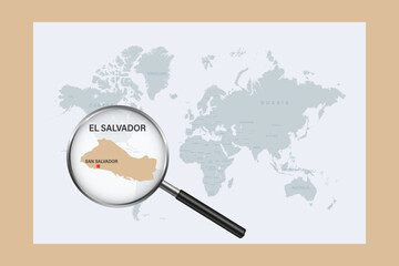 Map of El Salvador on political world map with magnifying glass - obrazy, fototapety, plakaty
