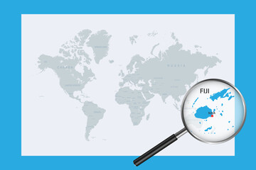 Map of Fiji on political world map with magnifying glass - obrazy, fototapety, plakaty