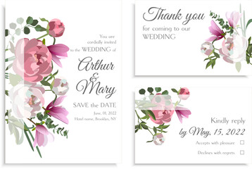 Set of wedding invitations with magnolia and peonies, greenery and eucalyptus. RSVP, thank you, save the date cards.