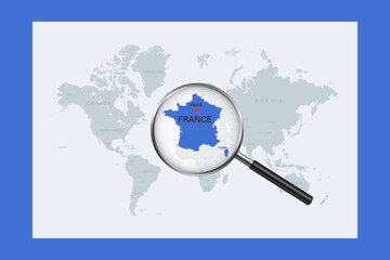 Map of France on political world map with magnifying glass