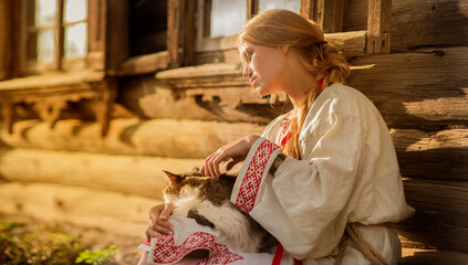 A young woman in a national dress sits near the hut with a cat on her knees during sunset.