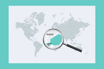 Map of Niger on political world map with magnifying glass