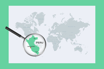 Map of Peru on political world map with magnifying glass