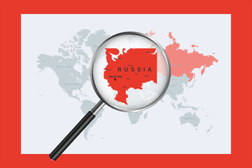 Map of Russia on political world map with magnifying glass