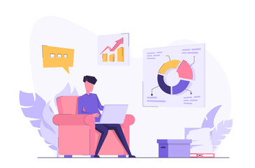 Freelance work. A man works from home, sitting in an armchair.