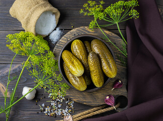 Pickled cucumbers in a clay bowl on a wooden plank. Salt in a canvas bag and sprigs of dill in the...