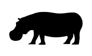 Large adult hippo. Black silhouette. African wild dangerous animal. Herbivorous mammal. Fauna and zoology. Design template for label, sign, logo. Vector illustration isolated on white background