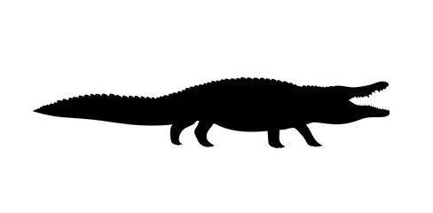 Crocodile with open mouth. Black silhouette. Toothy alligator, caiman. Predator of Africa. Big animal reptile. Design template for label, sign, logo. Vector illustration isolated on white background