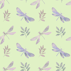 Dragonfly and leaves watercolor abstract background for design, print, wallpaper, textile. Seamless botanical pattern painted in watercolor digitally processed.