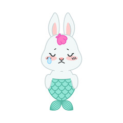 Cute little rabbit with a mermaid tail. Flat cartoon illustration of a sad mermaid bunny isolated on a white background. Vector 10 EPS.