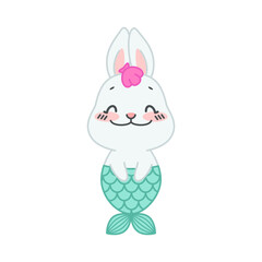 Cute little rabbit with a mermaid tail. Flat cartoon illustration of a blushing and smiling mermaid bunny isolated on a white background. Vector 10 EPS.