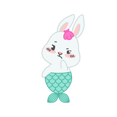 Cute little rabbit with a mermaid tail. Flat cartoon illustration of a mermaid bunny thinking isolated on a white background. Vector 10 EPS.
