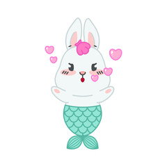 Cute little rabbit with a mermaid tail. Flat cartoon illustration of a mermaid bunny blowing a kiss isolated on a white background. Vector 10 EPS.