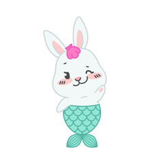 Cute little rabbit with a mermaid tail. Flat cartoon illustration of a mermaid bunny with winking eye isolated on a white background. Vector 10 EPS.