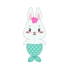 Cute little rabbit with a mermaid tail. Flat cartoon illustration of a mermaid bunny isolated on a white background. Vector 10 EPS.