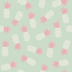 Pastel seamless pattern with white and pink pineapple on mint background. Fruit print. Vector hand drawn illustration.