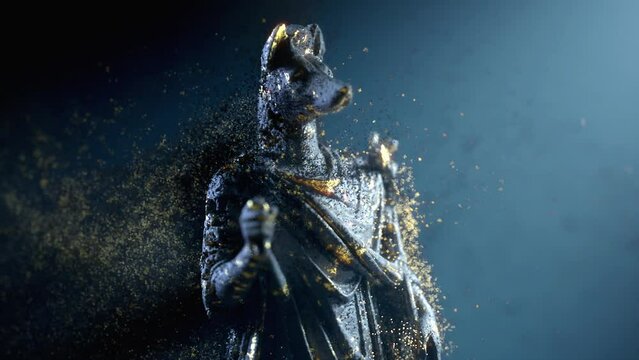3D graphics of a statue of a mythological god Hermanubis combining the appearance of Hermes and Anubis on a dark background, slowly rotating and disintegrating into black and gold particles. animation