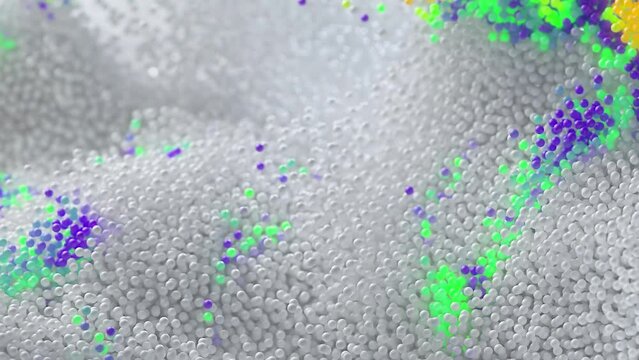 Animation of white balls filling the entire space, 3D particles move in waves, causing bright color flashes. 4K futuristic background, abstract spheres, motion design.