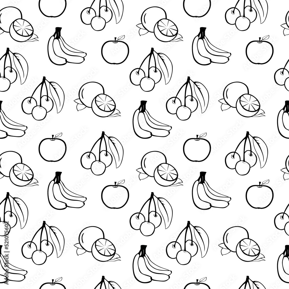 Poster fruits linear patterns background banana, apple, lemon, cherry. seamless pattern design