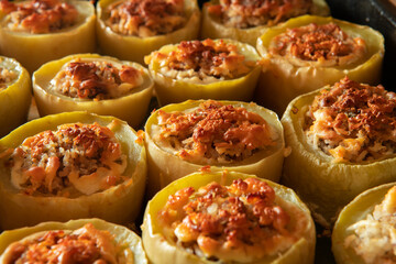 zucchini stuffed with meat and rice and baked in the oven, seasonal autumn cuisine, traditional Ukrainian food