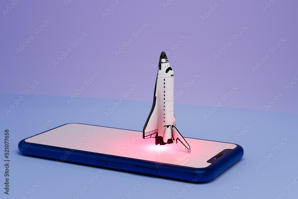 Fototapete reactive wifi with fast loading. high speed internet connection in smartphone. a blue smartphone with a white display on which a rocket is taking off illuminated by neon on a blue background.3d render