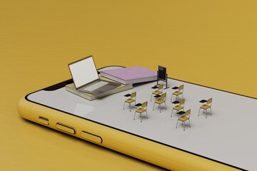 modern technologies. online education. school, university in smartphone. smartphone on a yellow background on which desks, a laptop, a book are located. 3d render. 3d illustration