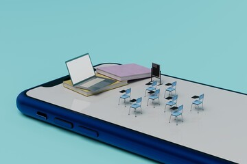 modern technologies. online education. school, university in smartphone. smartphone on a blue background on which desks, a laptop, a book are located. 3d render. 3d illustration