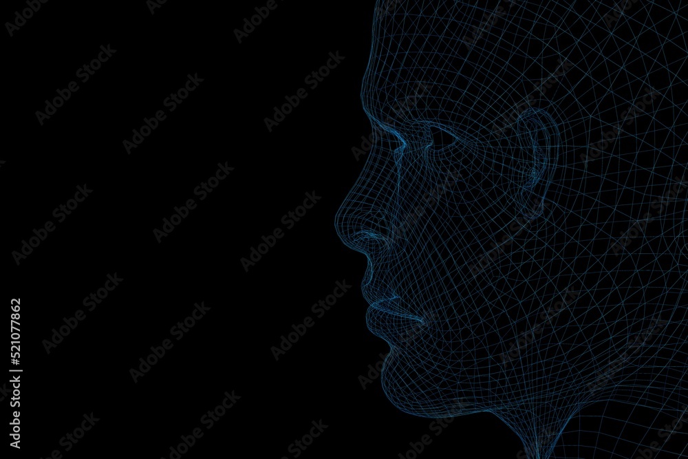 Poster holographic image of a person's face. modern technologies. illuminated with blue neon light face pro