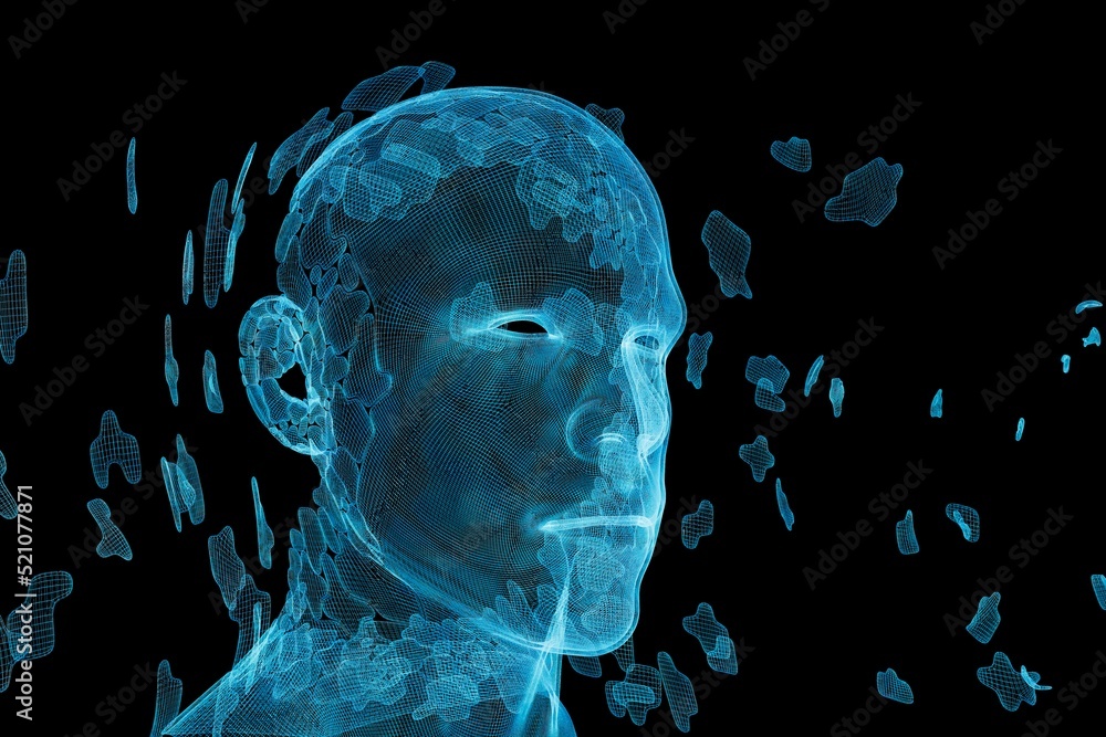 Aufkleber holographic image of a person's face. modern technologies. illuminated with blue neon light, a holog